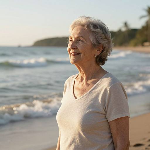 Photograph of an elderly white woman with short gray hair, smiling at a sunny beach with gentle waves, wearing a light beige t-shirt.