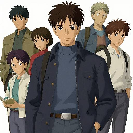 Anime-style illustration of six young men with varied hair colors and outfits, standing closely together, displaying different expressions and casual attire.