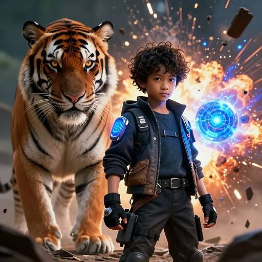 Futuristic Boy with Tiger and Energy Orb