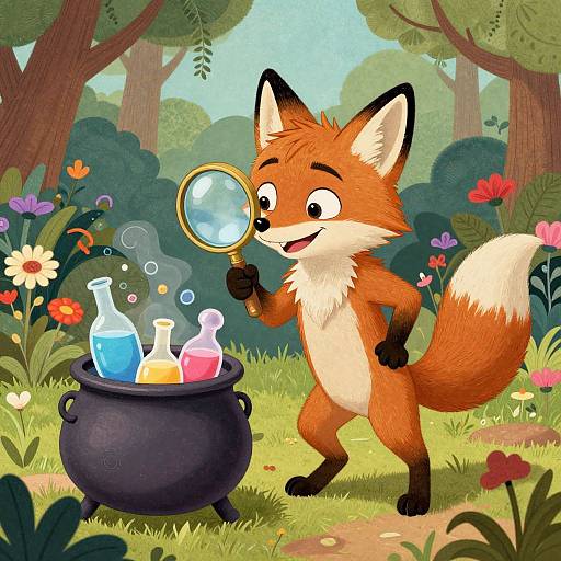 Cartoon fox with orange fur and white chest, holding magnifying glass, examining colorful potions in black cauldron in vibrant forest.