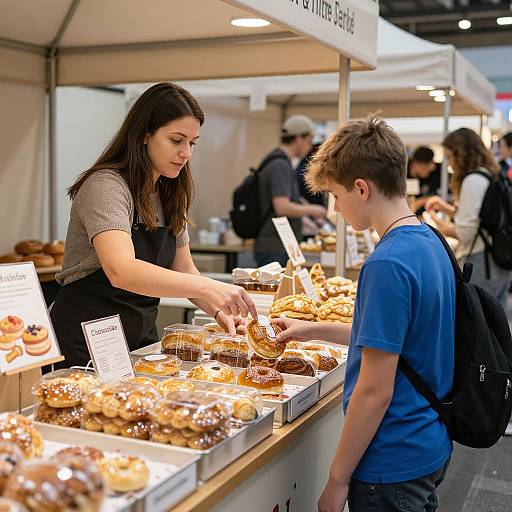 Photograph of a young woman in a gray shirt and black apron selling assorted glazed and chocolate-covered donuts to a young man in a blue shirt