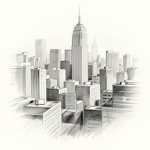 Black-and-white digital drawing of a cityscape featuring a tall, central skyscraper with surrounding high-rise buildings, rendered in cross-hatching style.