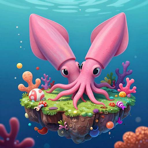 Whimsical Pink Squid with Candy Island