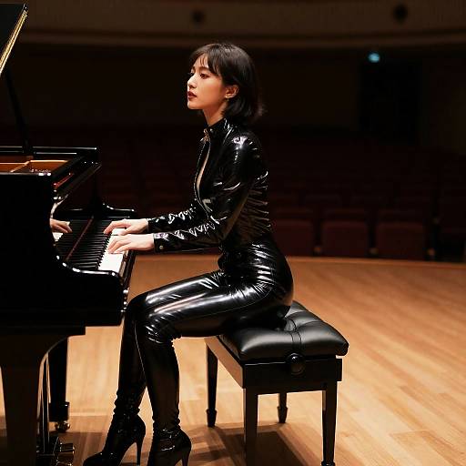 Latex Pianist in Dramatic Stage Light