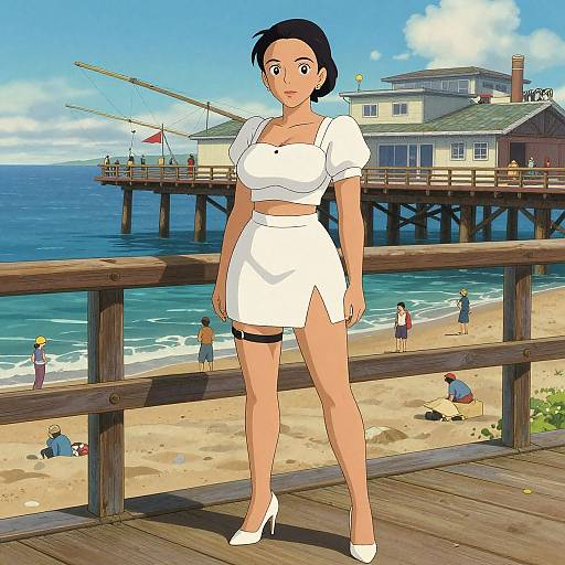 Digital anime-style illustration of a black-haired woman in a white crop top and mini skirt, standing on a wooden beach boardwalk, with a pier,