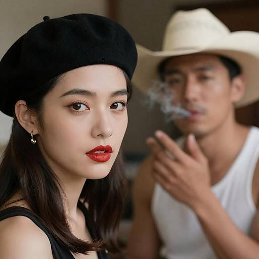 Woman in Beret and Man Smoking with Cowboy Hat