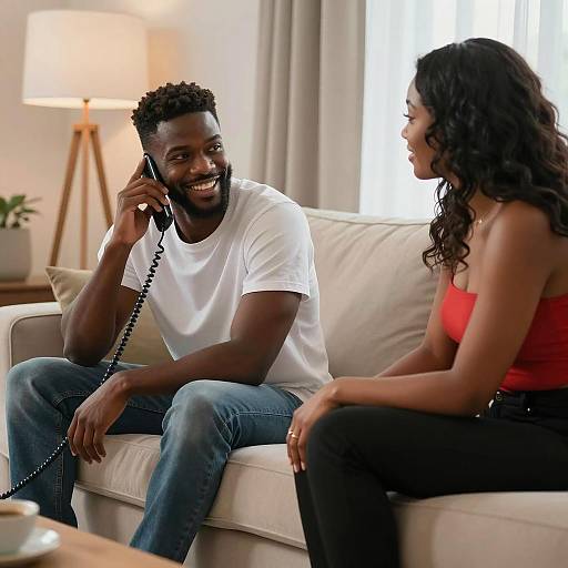 Happy Couple Talking on Corded Phone at Home