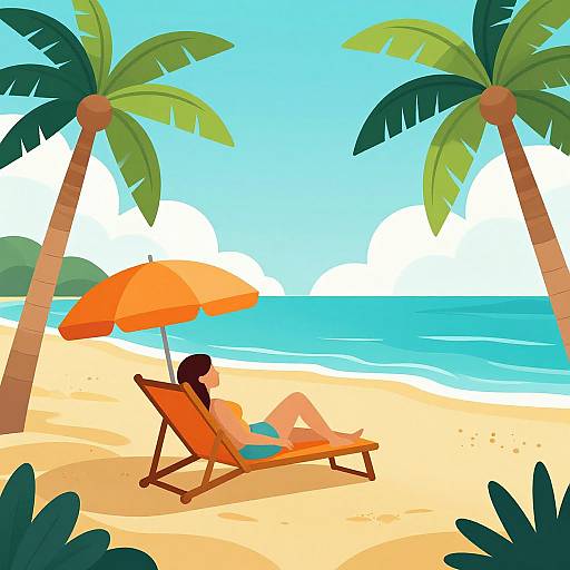 Digital illustration of a woman lounging on a yellow beach chair under an orange umbrella, surrounded by two palm trees, on a sunny beach with blue ocean