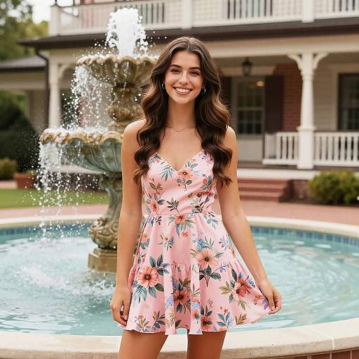 Smiling Woman by Decorative Fountain