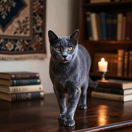 Confident Russian Blue in Vintage Study