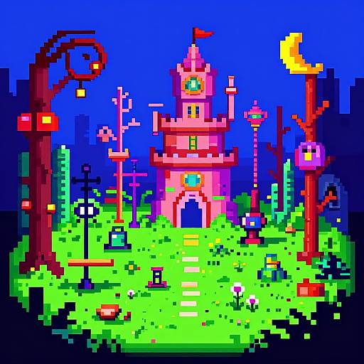 Pixel art of a vibrant, colorful cemetery with a pink castle, green grass, crosses, and lamps, under a bright blue sky.