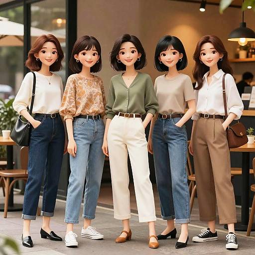 Asian Cartoon Women in Urban Café