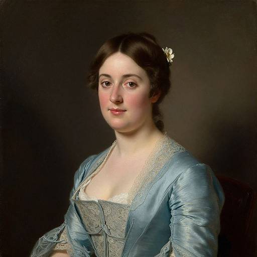 Photograph-style painting of a fair-skinned woman with dark brown hair, wearing an elaborate blue satin gown with gold embroidery, against a dark background.