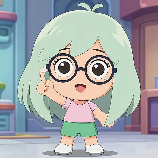Chibi-style anime girl with mint green hair, large black glasses, pink shirt, green shorts, white shoes, giving a thumbs-up in a colorful