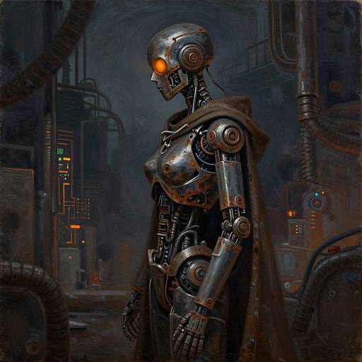 Cybernetic robot with glowing orange eye, metallic body, and dark cape in a dimly lit, industrial sci-fi setting. Digital art.