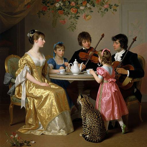 Photorealistic painting: Elegant woman in gold dress, children, and two musicians with violin and cello, leopard cat, floral wallpaper, tea set