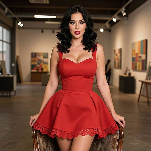 Photograph of a curvy woman with fair skin, black wavy hair, wearing a red, lace-trimmed, sleeveless dress, standing