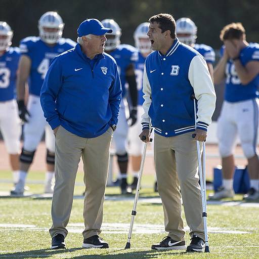 Two Football Coaches Arguing on Field