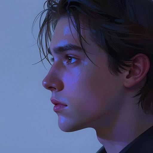 Digital portrait of a young man with wet, dark hair and illuminated blue skin, looking pensively to the left against a solid blue background.
