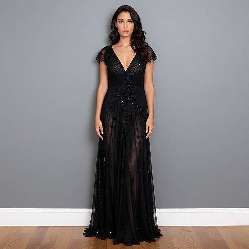 Photograph of a woman with wavy dark hair wearing a black, V-neck, sheer gown with short sleeves, standing against a gray wall, on