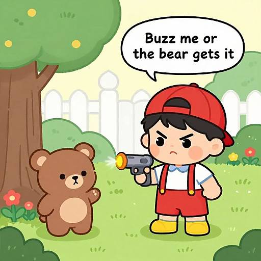 Cartoon boy in red cap and overalls points flashlight at teddy bear, speech bubble: 