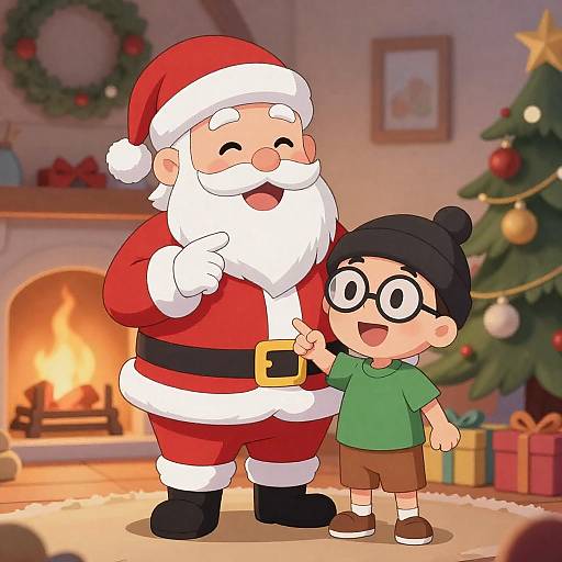 Santa Claus and Boy by Fireplace