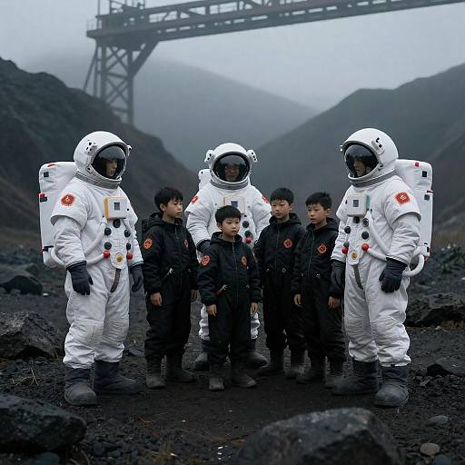 Astronauts and Children on Rocky Landscape