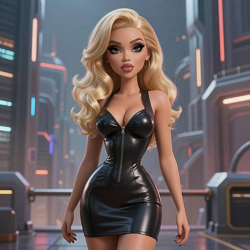 CGI image of a blonde, blue-eyed doll in a tight, black latex mini-dress with a front zipper, standing in a futuristic, neon