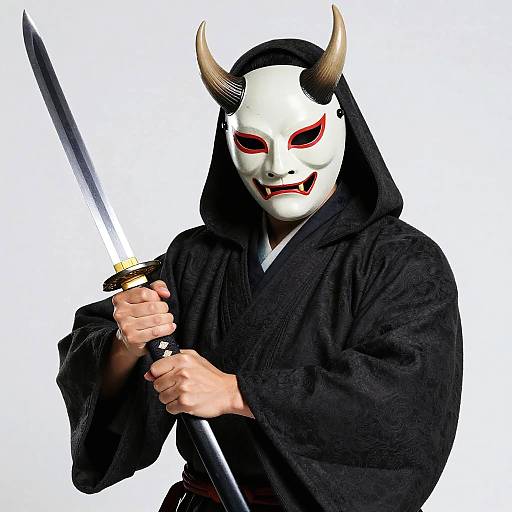 Photograph of a person in a black kimono, holding a katana, wearing a white mask with red eyes and horns.