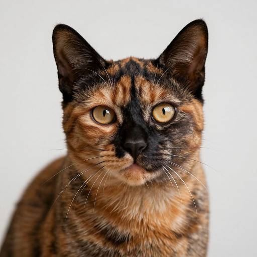 Close-up photograph of a calico cat with striking yellow eyes, black, orange, and brown fur, against a pure white background.