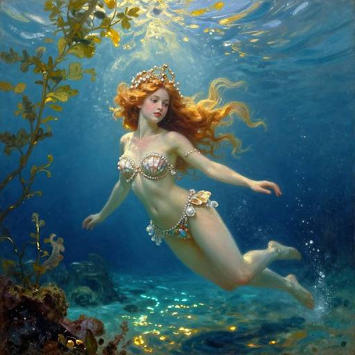 Digital painting of a fair-skinned, red-haired mermaid with flowing hair, wearing a seashell bikini and crown, swimming underwater with sunlight filtering