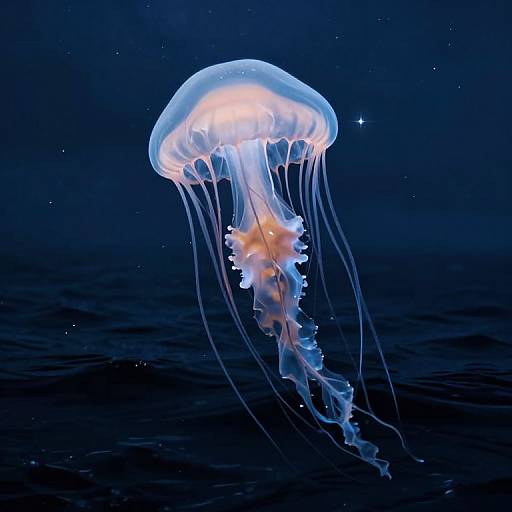 Photograph of a glowing blue and white jellyfish with translucent tentacles floating in a dark, starlit ocean.