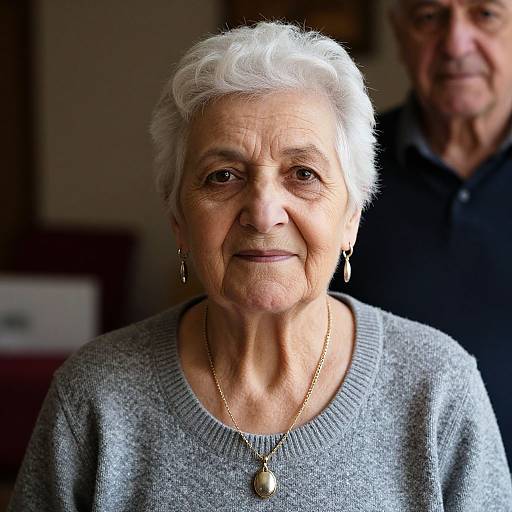 Photograph of an elderly white woman with short white hair, wearing a gray sweater, gold necklace, and earrings, standing slightly in front of an older