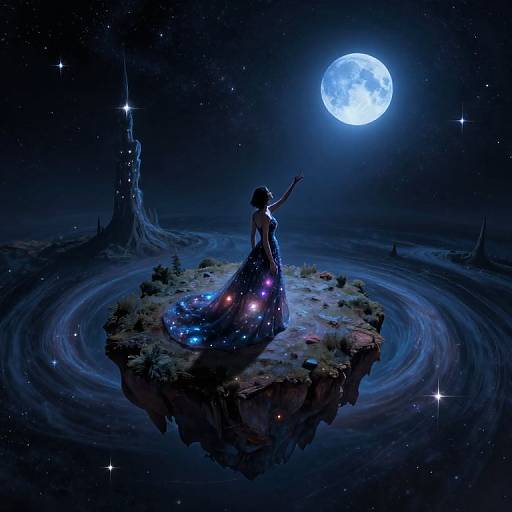 Digital art: Silhouetted woman in starry, blue-draped gown reaches toward glowing full moon above floating island with swirling, starlit