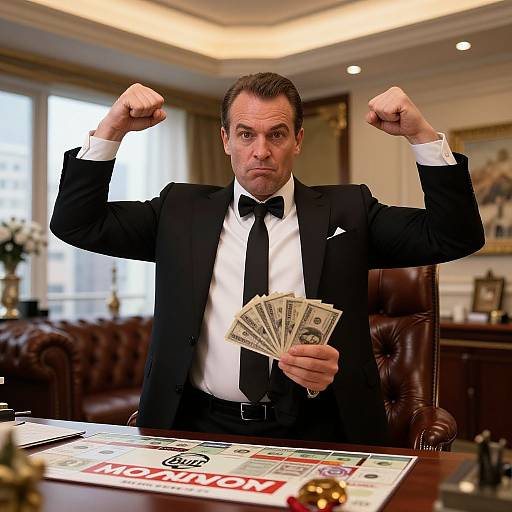 Photograph: Suited man with brown hair, black bow tie, and white shirt, flexing arms, holding dollar bills, seated at a luxurious