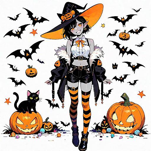 Digital anime-style drawing of a cute witch girl with black hair, orange-striped outfit, and hat, surrounded by bats, pumpkins, and a black