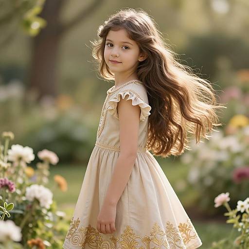 Photograph of a young girl with long, wavy brown hair, wearing a cream dress with gold embroidery, standing in a sunlit garden filled with