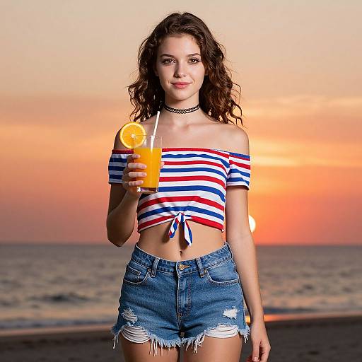 Young Woman Holding Orange Juice at Sunset Beach