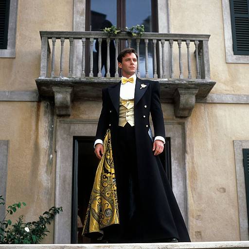 Photograph of a tall, serious-looking man in a black tuxedo with a gold vest and bow tie, holding a gold patterned cape,