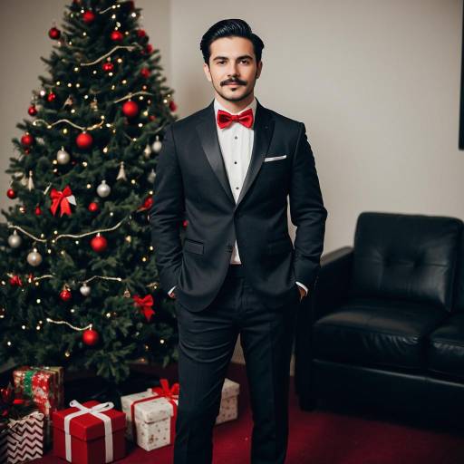 Man in Black Suit with Red Bowtie by Christmas Tree
