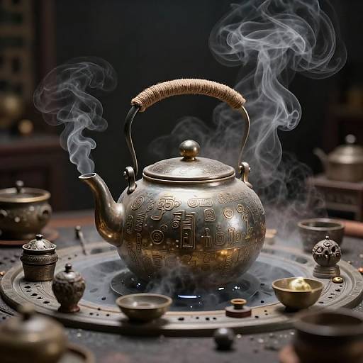 Photograph of a silver, ornate teapot emitting wisps of smoke, surrounded by decorative brass bowls and a dark, blurred background.