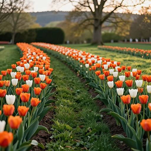 Photograph of vibrant orange and white tulips in neat rows, creating a winding path through a lush green garden, with trees and hills in the background