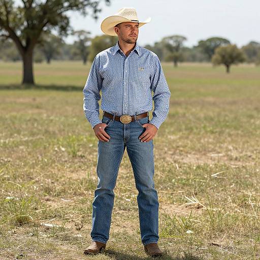 Photograph of a tall, bearded man in a blue checkered shirt, cowboy hat, and blue jeans, standing confidently in a sunlit,