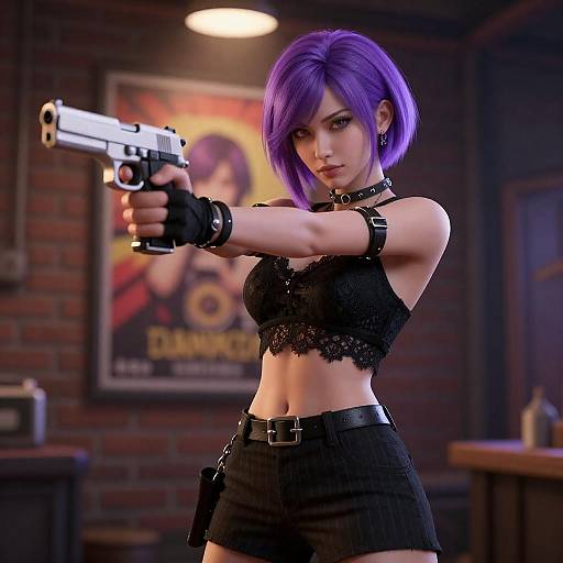 Purple Bob Punk Woman Aiming Handgun