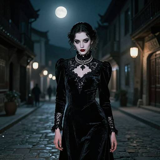 Gothic-style photograph of a pale woman with dark, wavy hair, wearing a black lace dress and choker, standing in a moonlit