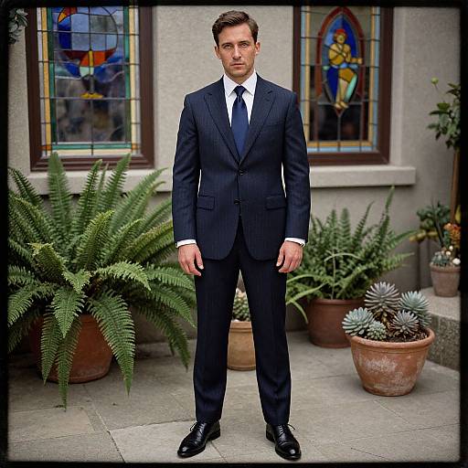 Photograph of a serious-looking man in a dark navy suit, white shirt, and black tie, standing in front of stained glass windows with potted