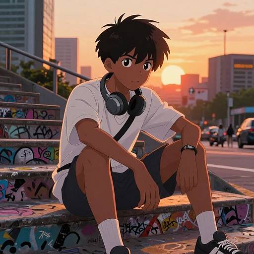 Determined Dark Skin Anime Boy in Urban Streetwear