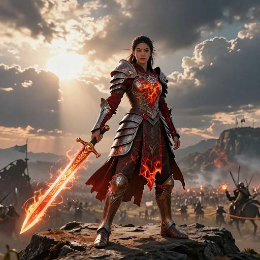 Epic fantasy battle scene: armored warrior with fiery sword, glowing armor, and determined expression stands on rocky outcrop, sunlight and clouds in dramatic background