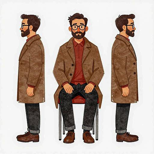 Illustrated Man in Brown Coat Three Views