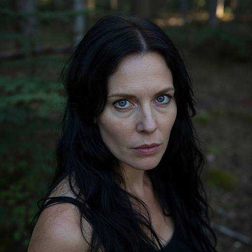 Photograph of a pale-skinned, blue-eyed woman with long, dark, wavy hair, wearing a black top, standing in a dimly